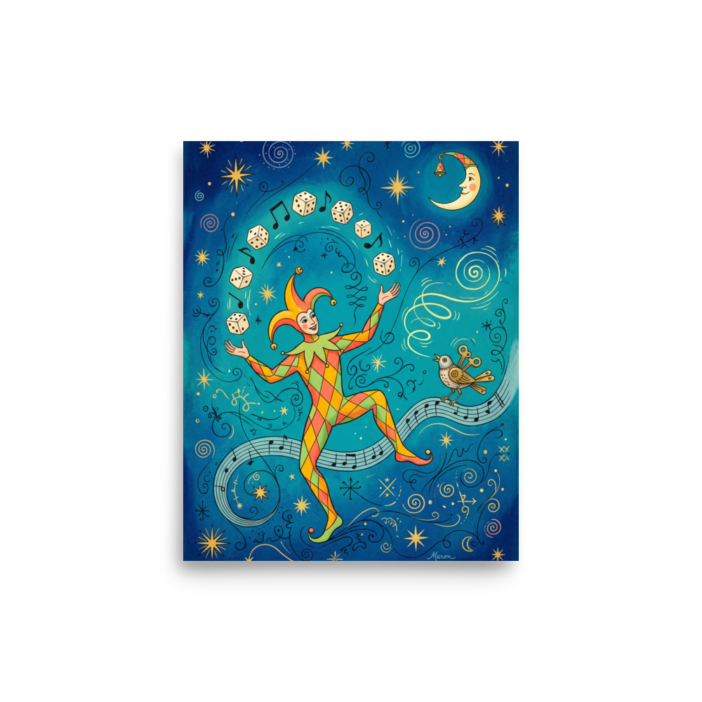 A dreamy celestial painting of a jester juggling dice along musical notes under a crescent moon, ideal for a game room. A Symbolism print with a watercolor painting look, titled 'The Jester's Gamble'.