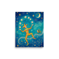 A dreamy celestial painting of a jester juggling dice along musical notes under a crescent moon, ideal for a game room. A Symbolism print with a watercolor painting look, titled 'The Jester's Gamble'.