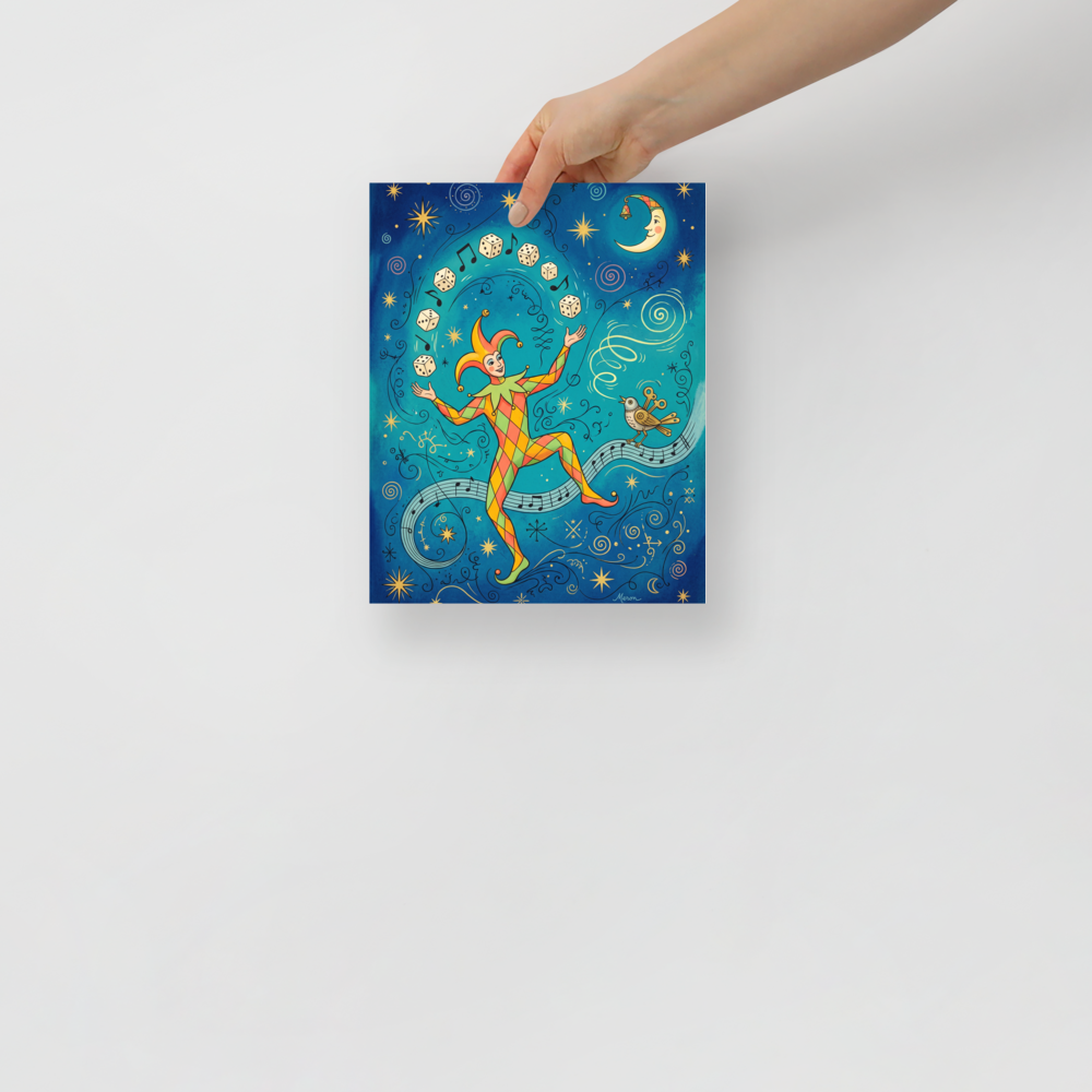 A dreamy celestial painting of a jester juggling dice along musical notes under a crescent moon, ideal for a game room. Shown here as the Symbolism print 'The Jester's Gamble'.