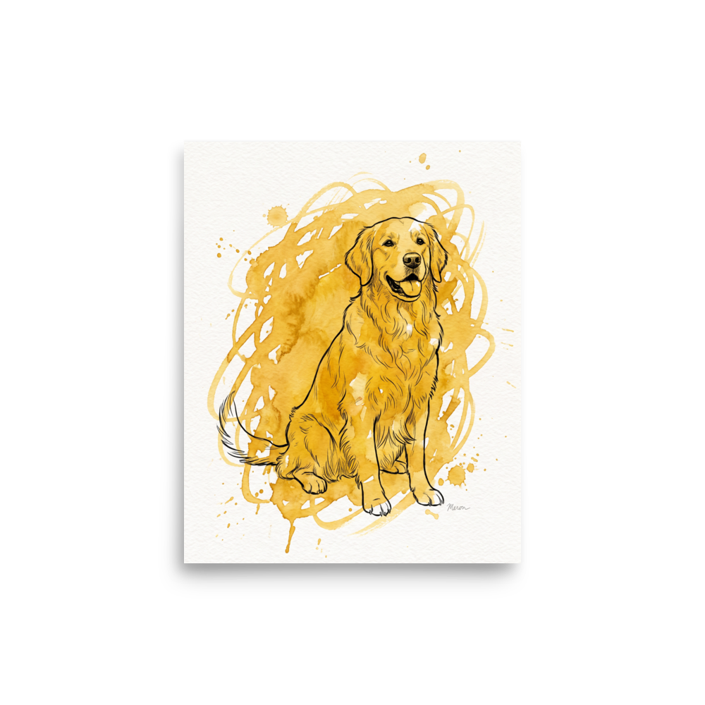 Wall art print 'Golden Companion' in a Realism style. A warm watercolor and ink portrait of a golden retriever dog sitting happily, ideal for living room wall art.