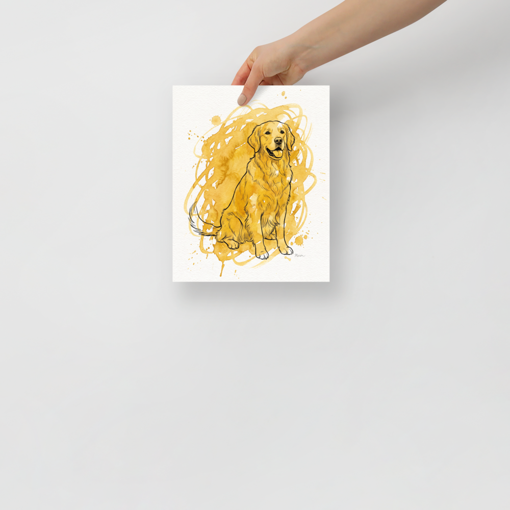 A warm watercolor and ink portrait of a golden retriever dog sitting happily, ideal for living room wall art. A love / adoration piece titled 'Golden Companion'.