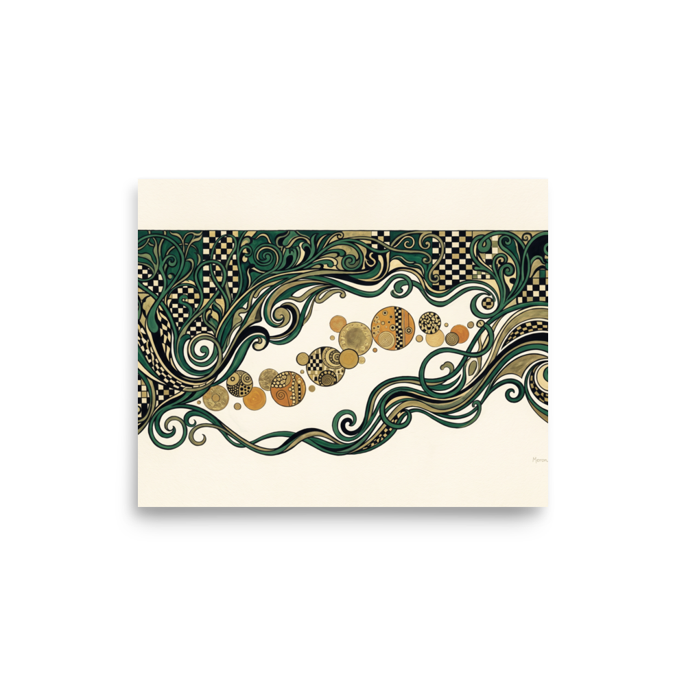 Fine art print 'The Golden Frieze' in a Art Nouveau style. An elegant Art Nouveau decorative frieze with flowing green vines and golden mosaic orbs, designed for a living room.