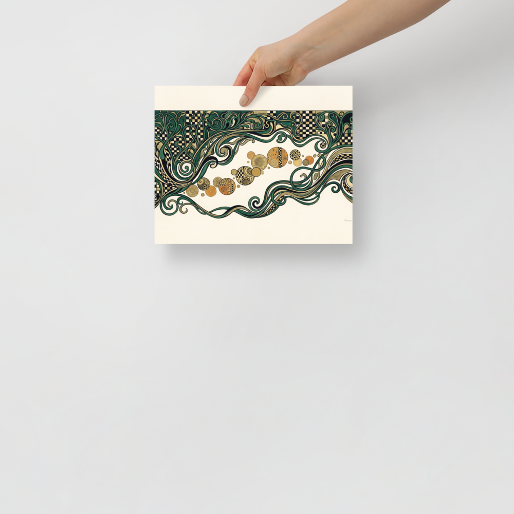 An elegant Art Nouveau decorative frieze with flowing green vines and golden mosaic orbs, designed for a living room. A Art Nouveau art print titled 'The Golden Frieze'.