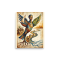 A surreal painting of a majestic winged figure with traditional African patterns bridging ancestral village roots and a modern skyline, inspiring cultural pride in a living room or library. 'Wings of Heritage', a Surrealism print for the wall.