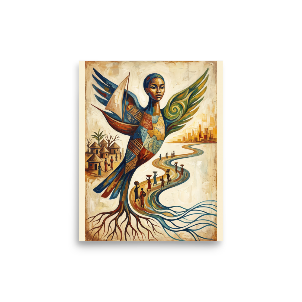 A surreal painting of a majestic winged figure with traditional African patterns bridging ancestral village roots and a modern skyline, inspiring cultural pride in a living room or library. 'Wings of Heritage', a Surrealism print for the wall.
