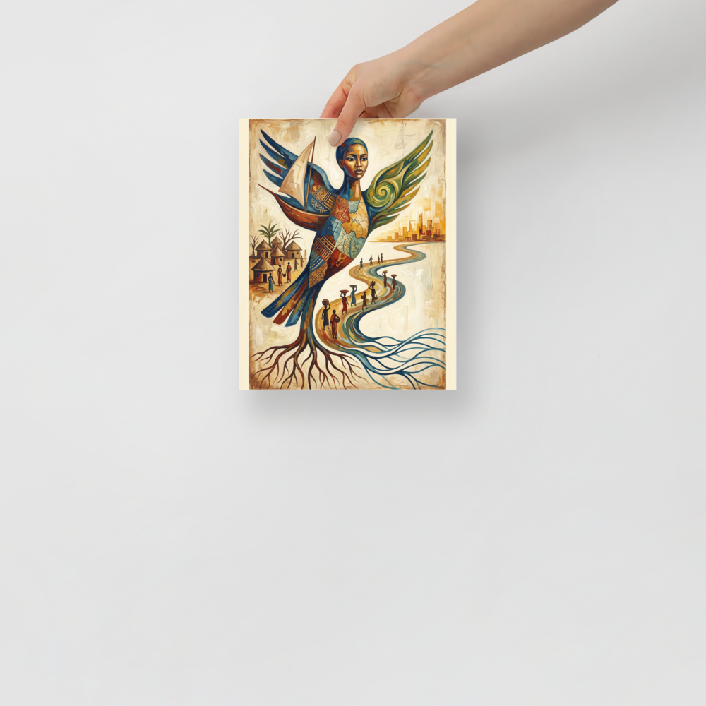 'Wings of Heritage', a Surrealism wall art print. A surreal painting of a majestic winged figure with traditional African patterns bridging ancestral village roots and a modern skyline, inspiring cultural pride in a living room or library.