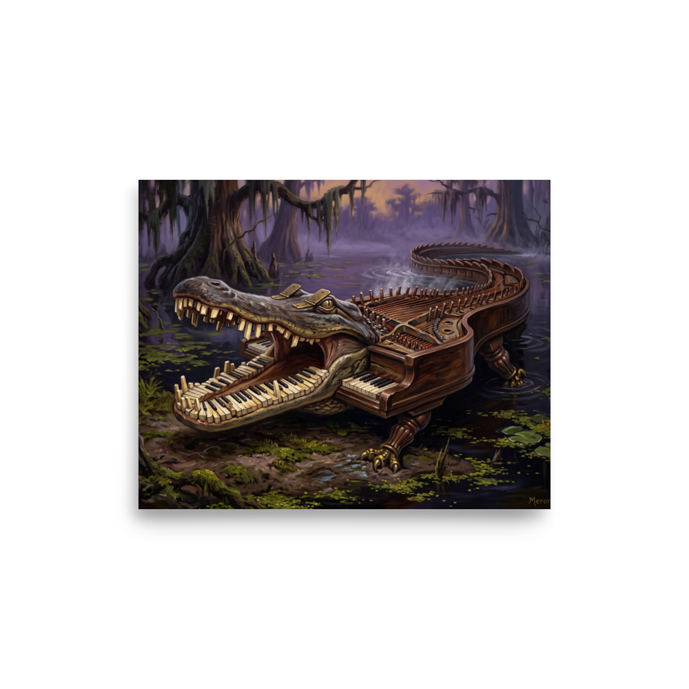 A surrealist oil painting of an alligator merged with a grand piano wading through a foggy swamp, ideal for an office. Shown here as the Surrealism print 'The Bayou Pianoforte'.