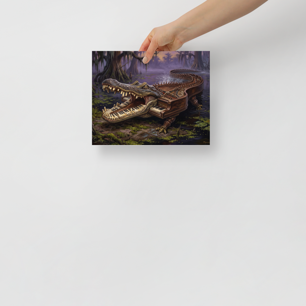 Surrealism wall art exploring music, 'The Bayou Pianoforte'. A surrealist oil painting of an alligator merged with a grand piano wading through a foggy swamp, ideal for an office.