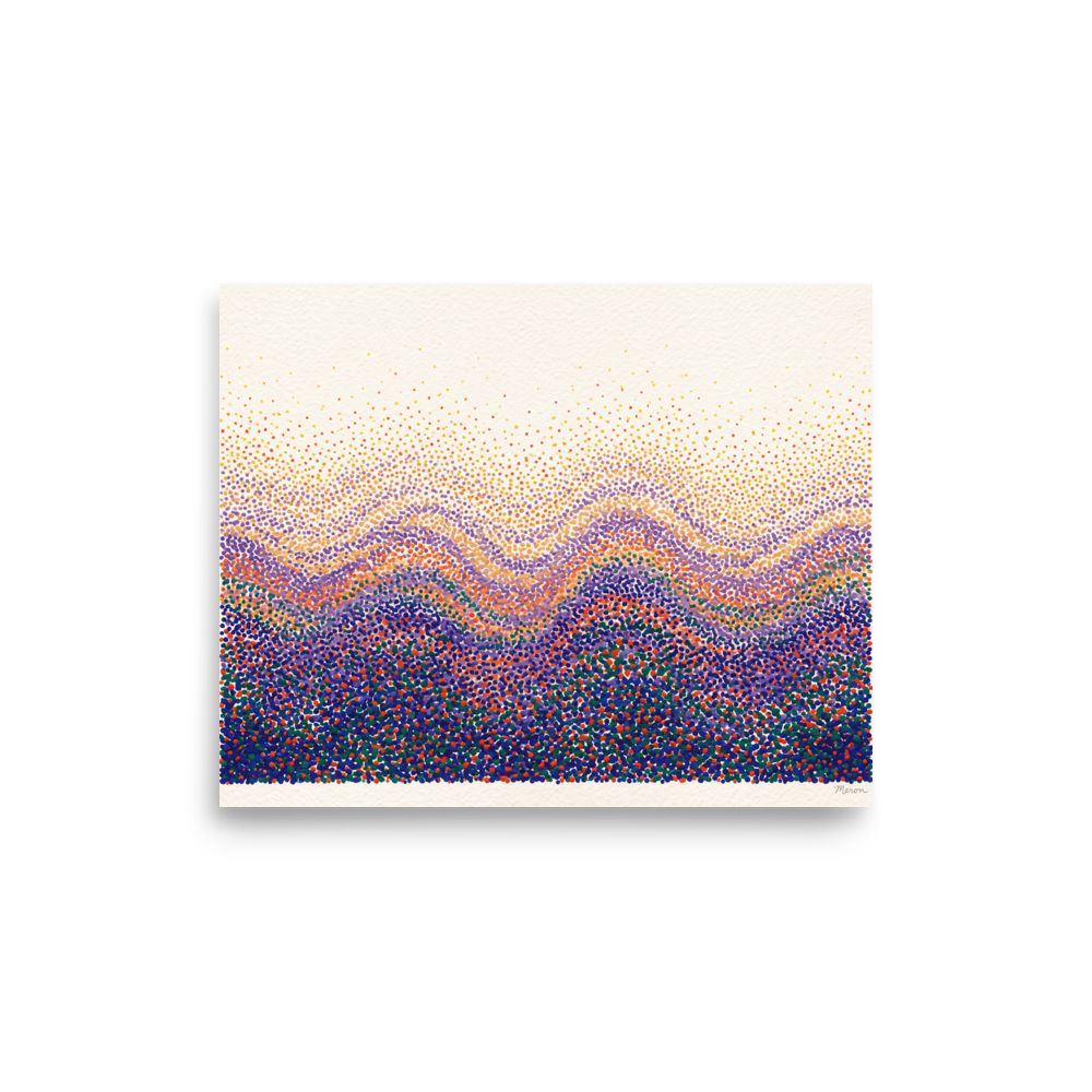 A pointillist landscape of rhythmic stippled dots forming purple and orange mountain waves, created for a serene bedroom. A Pointillism print in navy and purple, 'Spectral Ridges'.