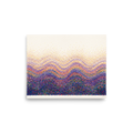 A pointillist landscape of rhythmic stippled dots forming purple and orange mountain waves, created for a serene bedroom. A Pointillism print in navy and purple, 'Spectral Ridges'.