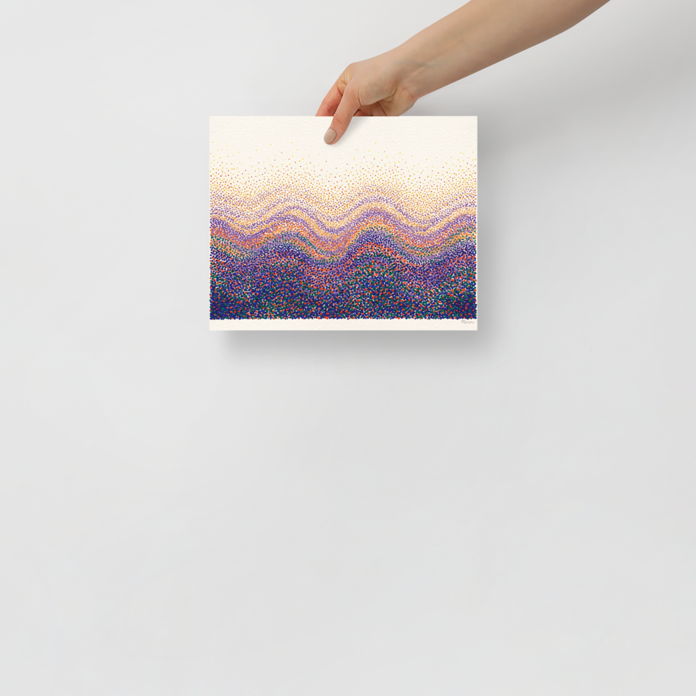 A calmness scene in navy and purple, 'Spectral Ridges'. A pointillist landscape of rhythmic stippled dots forming purple and orange mountain waves, created for a serene bedroom.