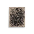 Raw abstract expressionist oil painting with dark crosshatched grid lines on raw linen canvas, ideal for office wall art. A Abstract expressionism print in black and beige, 'Scaffolding of Memory'.