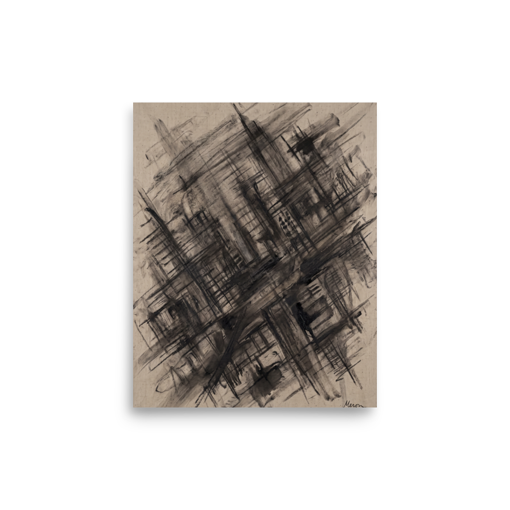 Raw abstract expressionist oil painting with dark crosshatched grid lines on raw linen canvas, ideal for office wall art. A Abstract expressionism print in black and beige, 'Scaffolding of Memory'.