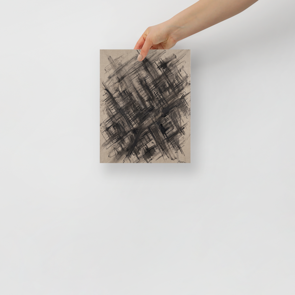 Raw abstract expressionist oil painting with dark crosshatched grid lines on raw linen canvas, ideal for office wall art. 'Scaffolding of Memory', a Abstract expressionism print for the wall.