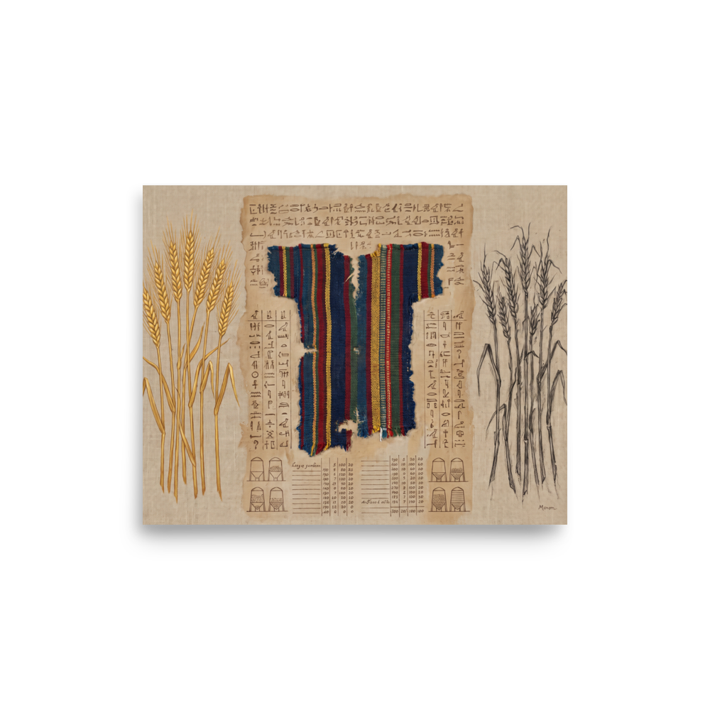 Folk art wall art for the library, 'The Weaver's Ledger'. An antique mixed media art print featuring a striped woven tunic fragment, golden wheat stalks, and ancient papyrus scripts, ideal for a refined library.
