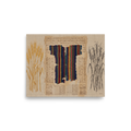 Folk art wall art for the library, 'The Weaver's Ledger'. An antique mixed media art print featuring a striped woven tunic fragment, golden wheat stalks, and ancient papyrus scripts, ideal for a refined library.