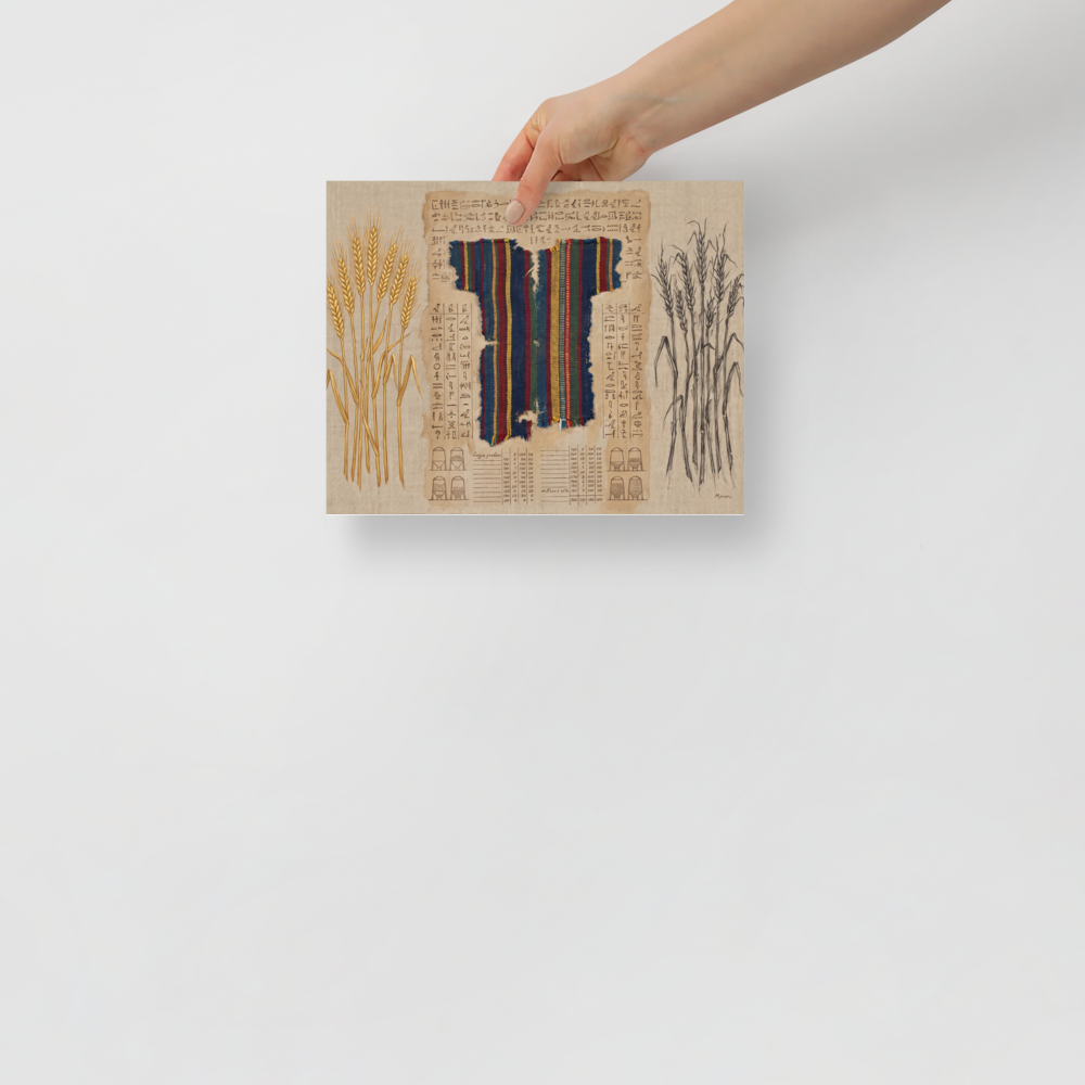 An antique mixed media art print featuring a striped woven tunic fragment, golden wheat stalks, and ancient papyrus scripts, ideal for a refined library. Shown here as the Folk art print 'The Weaver's Ledger'.