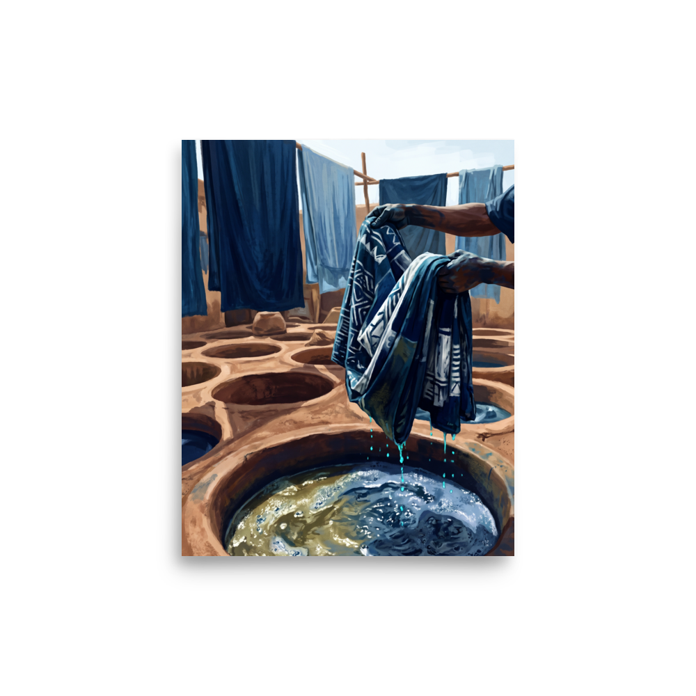 Wall art print 'The Indigo Dyer' in a Realism style. Artisan hands lifting patterned blue cloth from a sunlit clay indigo dye pit, suitable for an artist studio.