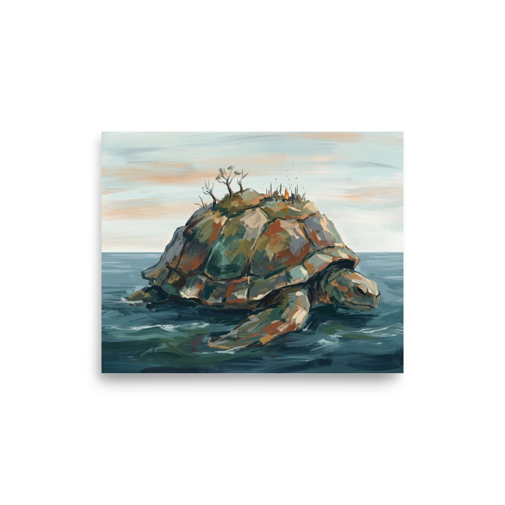 A mystical / mysterious Impressionism print, 'The World Bearer'. A painting of a giant sea turtle carrying a rocky island on its shell, floating in a calm ocean under a pale sky, ideal for a peaceful Bedroom.
