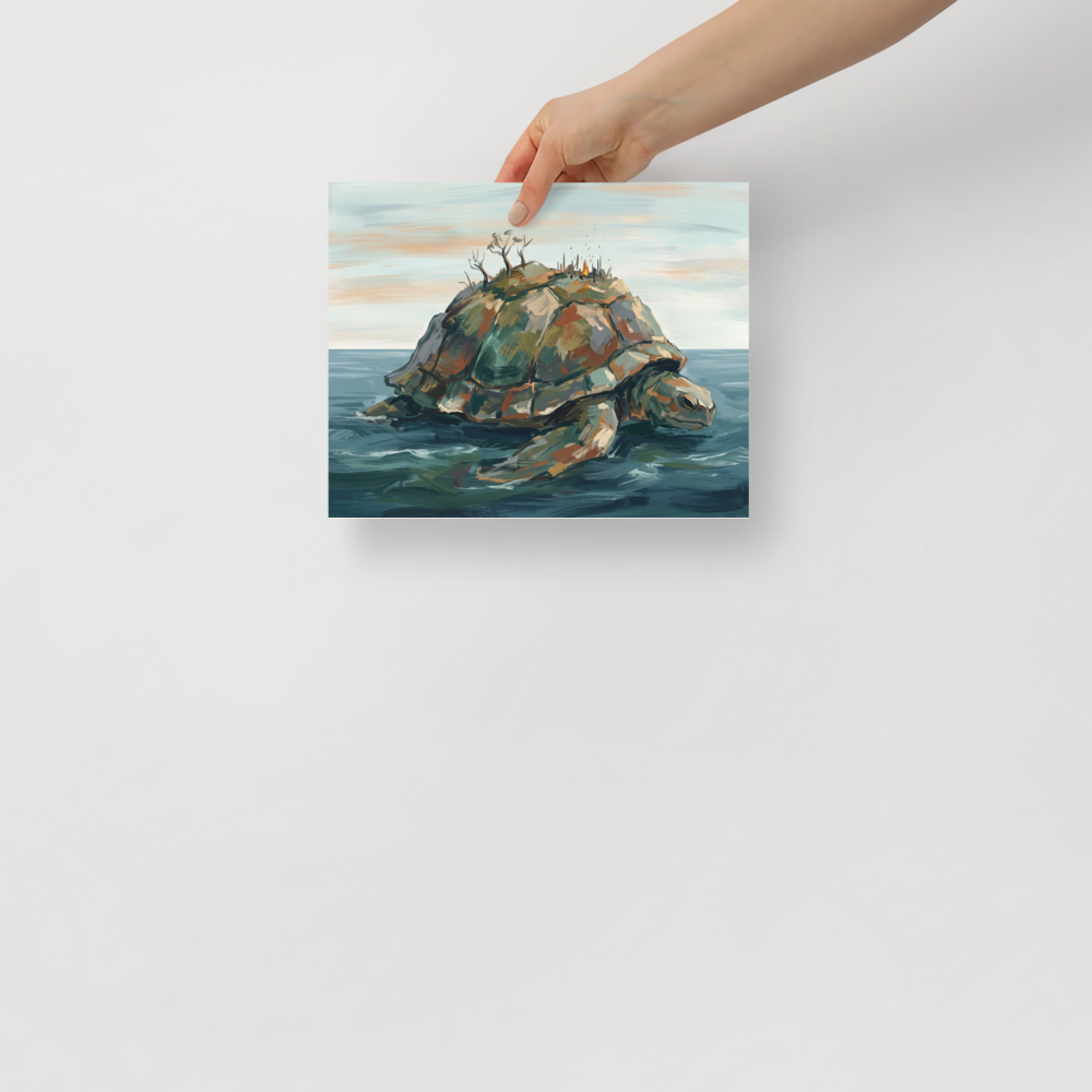 Impressionism wall art exploring mythology, 'The World Bearer'. A painting of a giant sea turtle carrying a rocky island on its shell, floating in a calm ocean under a pale sky, ideal for a peaceful Bedroom.