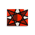 Wall art print 'Prismatic Intersect' in a Constructivism style. A bold geometric abstract painting featuring interlocking black bands and vibrant red and white faceted triangles, ideal for an office.