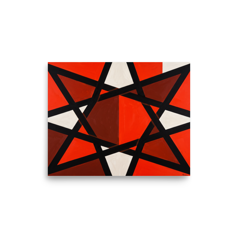 Wall art print 'Prismatic Intersect' in a Constructivism style. A bold geometric abstract painting featuring interlocking black bands and vibrant red and white faceted triangles, ideal for an office.