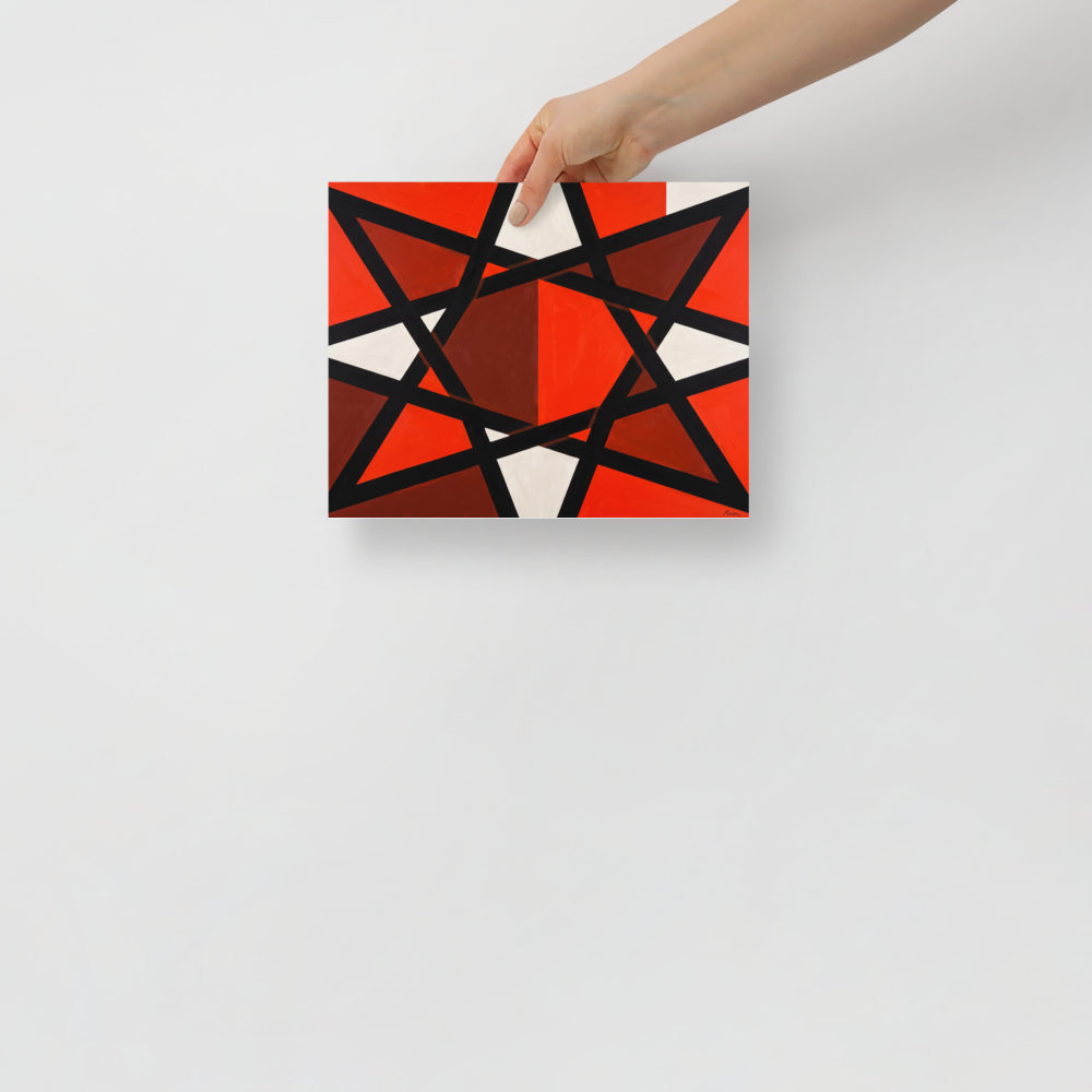 A bold geometric abstract painting featuring interlocking black bands and vibrant red and white faceted triangles, ideal for an office. Available as the Constructivism art print 'Prismatic Intersect'.