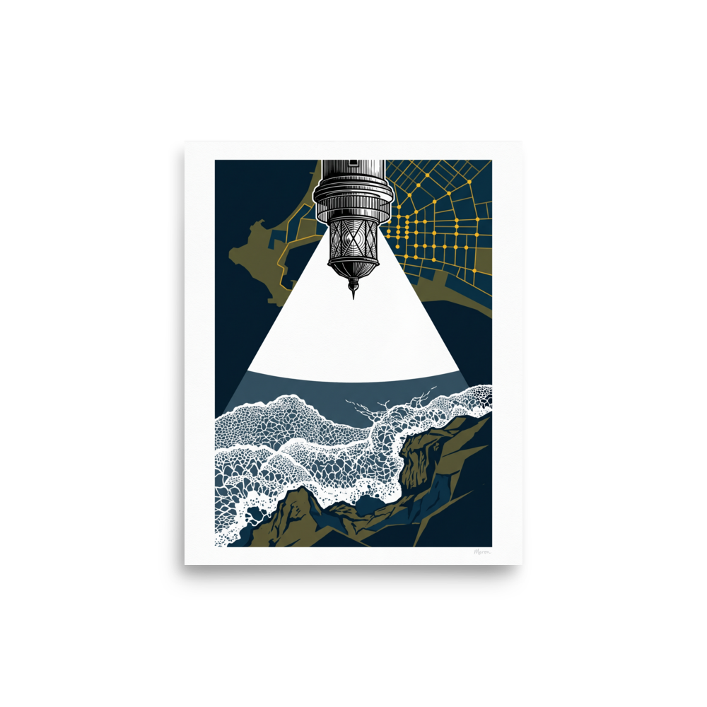 'Beacon Over the Breakers'. Surreal illustration of a lighthouse lantern projecting a white beam over crashing waves beneath a golden city map, ideal for an office. Offered as a Surrealism print.