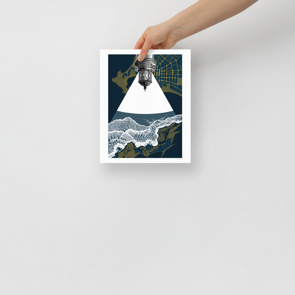 Fine art print 'Beacon Over the Breakers' in a Surrealism style. Surreal illustration of a lighthouse lantern projecting a white beam over crashing waves beneath a golden city map, ideal for an office.