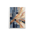 Modern abstract geometric art print combining slate blue architectural blocks with sweeping gold and terracotta ink washes for an office or hallway wall display. 'Celestial Nexus', a Geometric abstract art print for the wall.