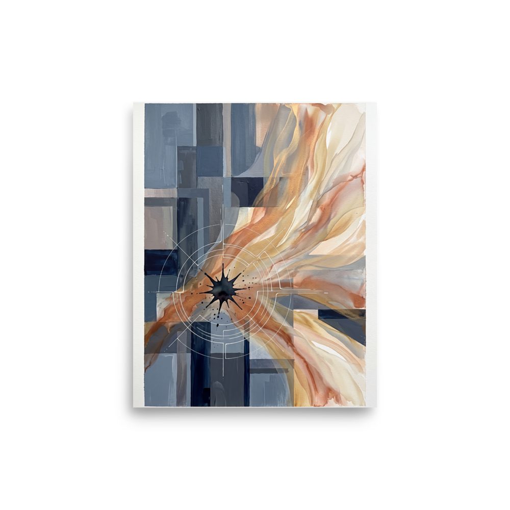 Modern abstract geometric art print combining slate blue architectural blocks with sweeping gold and terracotta ink washes for an office or hallway wall display. 'Celestial Nexus', a Geometric abstract art print for the wall.