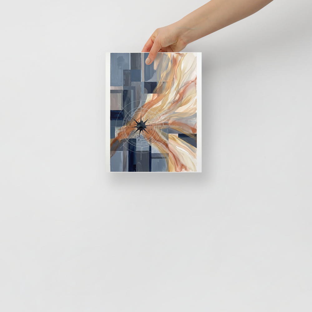 Geometric abstract art wall art exploring art, 'Celestial Nexus'. Modern abstract geometric art print combining slate blue architectural blocks with sweeping gold and terracotta ink washes for an office or hallway wall display.
