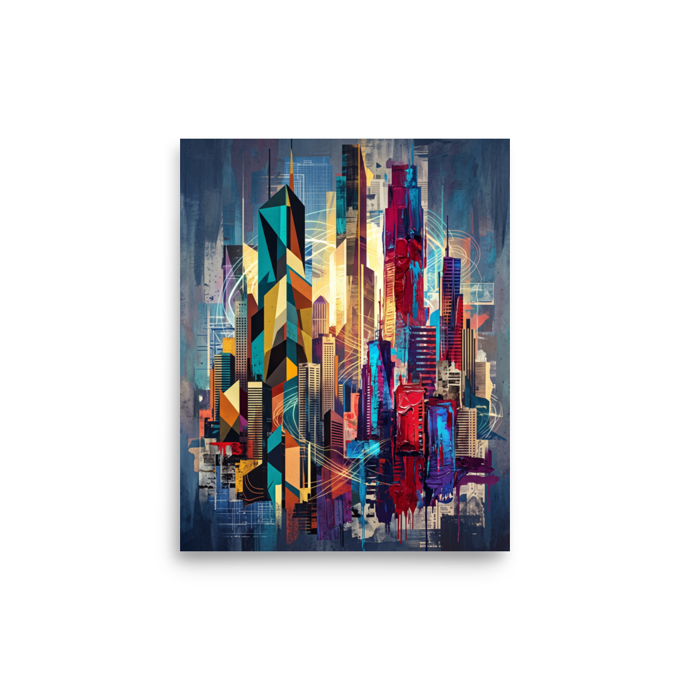 'Architectural Rhythm' by Meron. A mixed-media geometric painting of towering skyscrapers with thick crimson and blue impasto paint drips and glowing light trails, perfect for an Office or Studio. A Cubism wall art print.