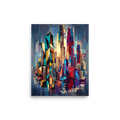 'Architectural Rhythm' by Meron. A mixed-media geometric painting of towering skyscrapers with thick crimson and blue impasto paint drips and glowing light trails, perfect for an Office or Studio. A Cubism wall art print.