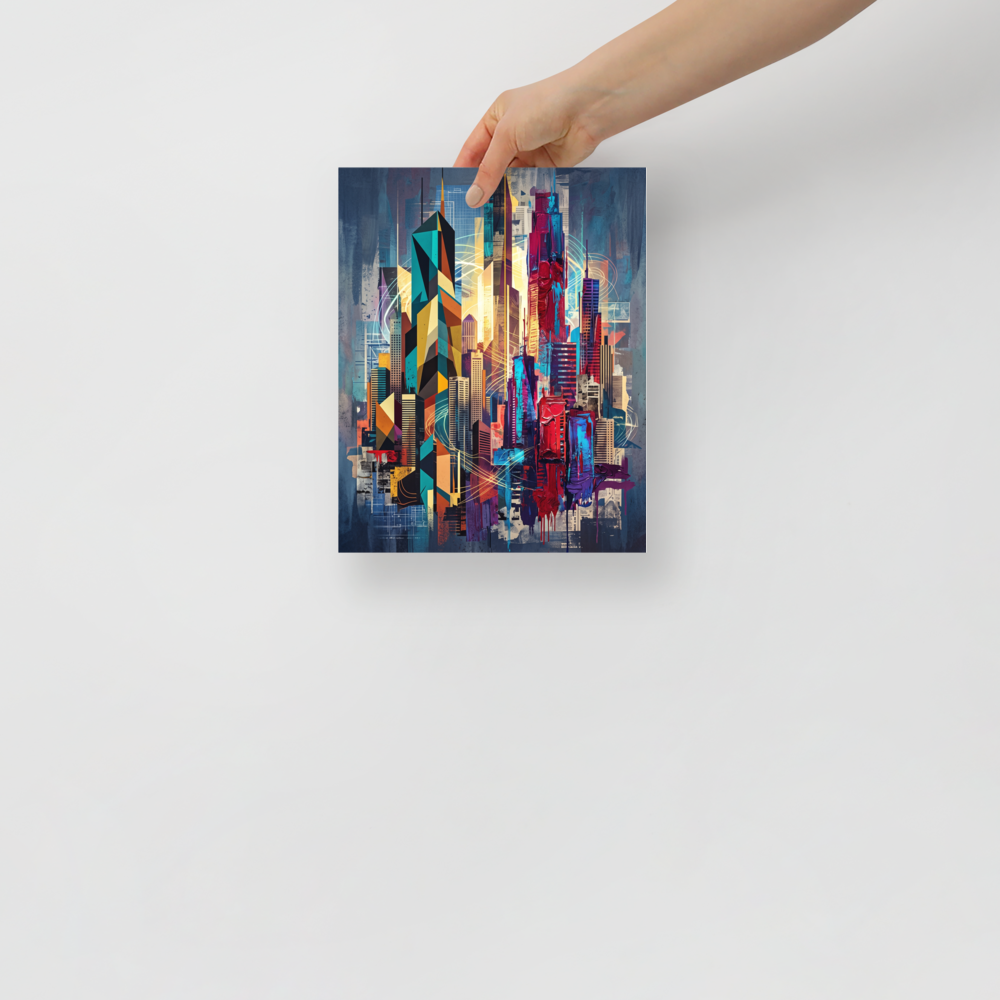 'Architectural Rhythm'. A mixed-media geometric painting of towering skyscrapers with thick crimson and blue impasto paint drips and glowing light trails, perfect for an Office or Studio. Offered as a Cubism print.