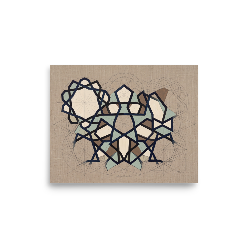 Fine art print 'Geometer's Study' in a Analytical art style. Architectural study of geometric star patterns with visible compass drafting lines on linen, suited for an office.