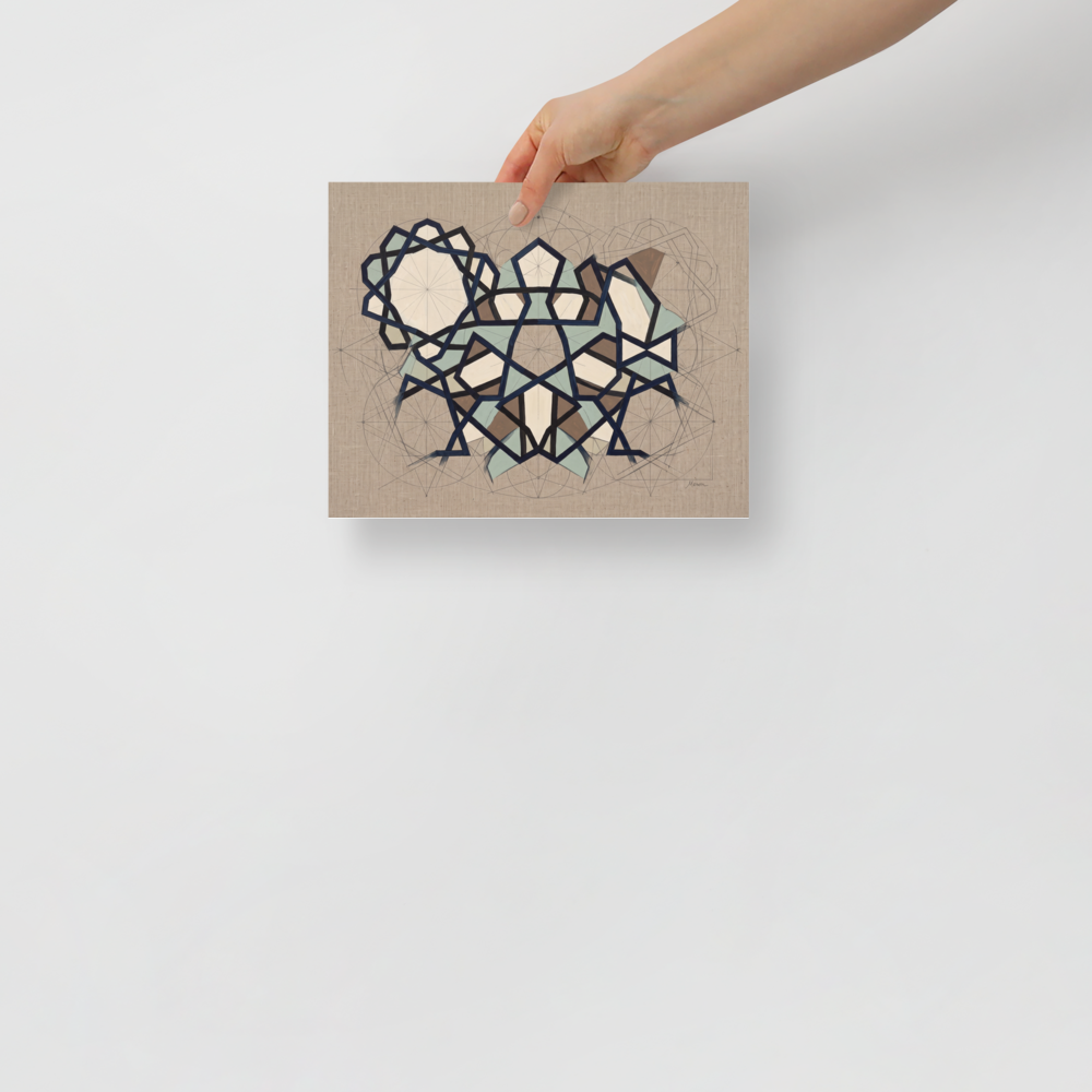 Analytical art wall art for the office, 'Geometer's Study'. Architectural study of geometric star patterns with visible compass drafting lines on linen, suited for an office.