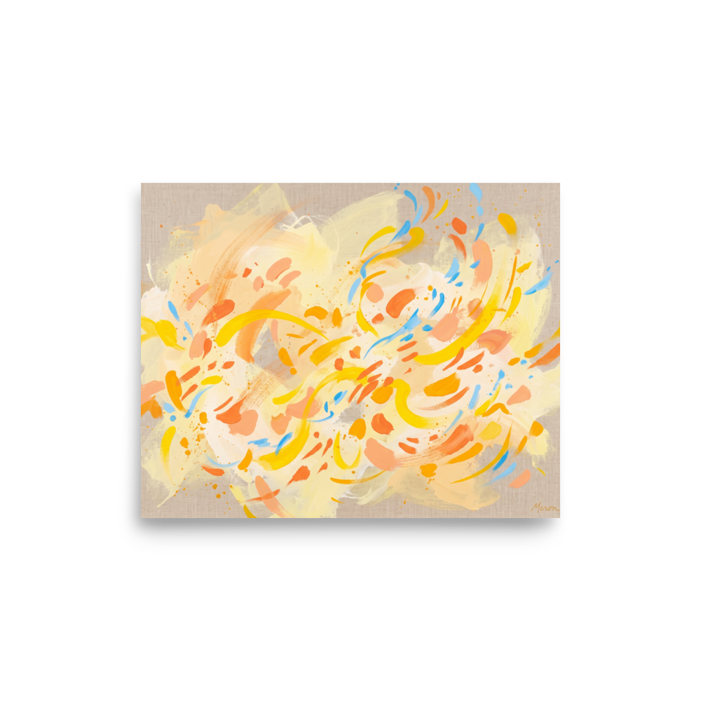 A vibrant abstract expressionist composition with fluttering yellow, orange, and blue brushstrokes on linen, ideal for a living room. 'Citrus Flutter', a Abstract art print for the wall.