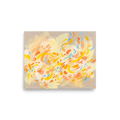 A vibrant abstract expressionist composition with fluttering yellow, orange, and blue brushstrokes on linen, ideal for a living room. 'Citrus Flutter', a Abstract art print for the wall.