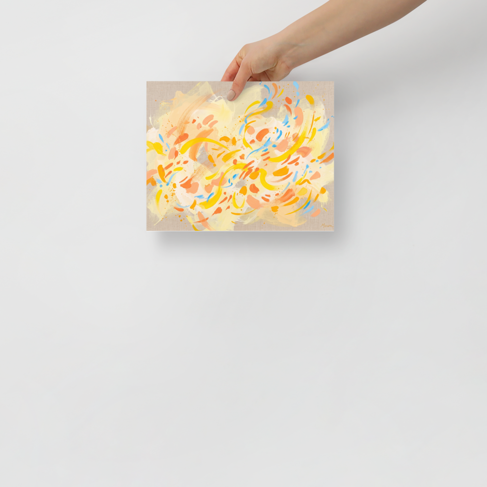 A vibrant abstract expressionist composition with fluttering yellow, orange, and blue brushstrokes on linen, ideal for a living room. Available as the Abstract art art print 'Citrus Flutter'.