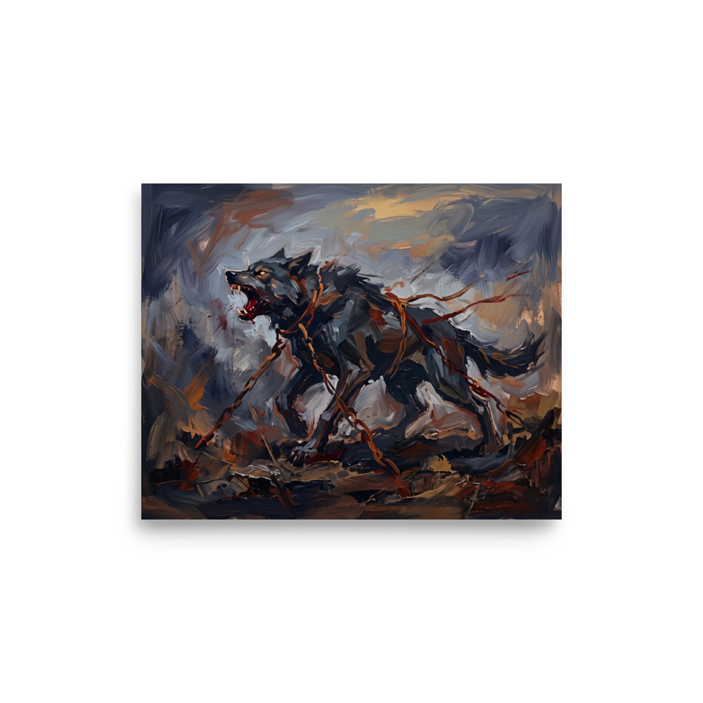 An aggressive oil painting of a snarling wolf bound by chains in dark greys and reds, ideal for a bold Man Cave. Available as the Expressionism art print 'The Bound Wolf'.