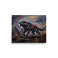 An aggressive oil painting of a snarling wolf bound by chains in dark greys and reds, ideal for a bold Man Cave. Available as the Expressionism art print 'The Bound Wolf'.