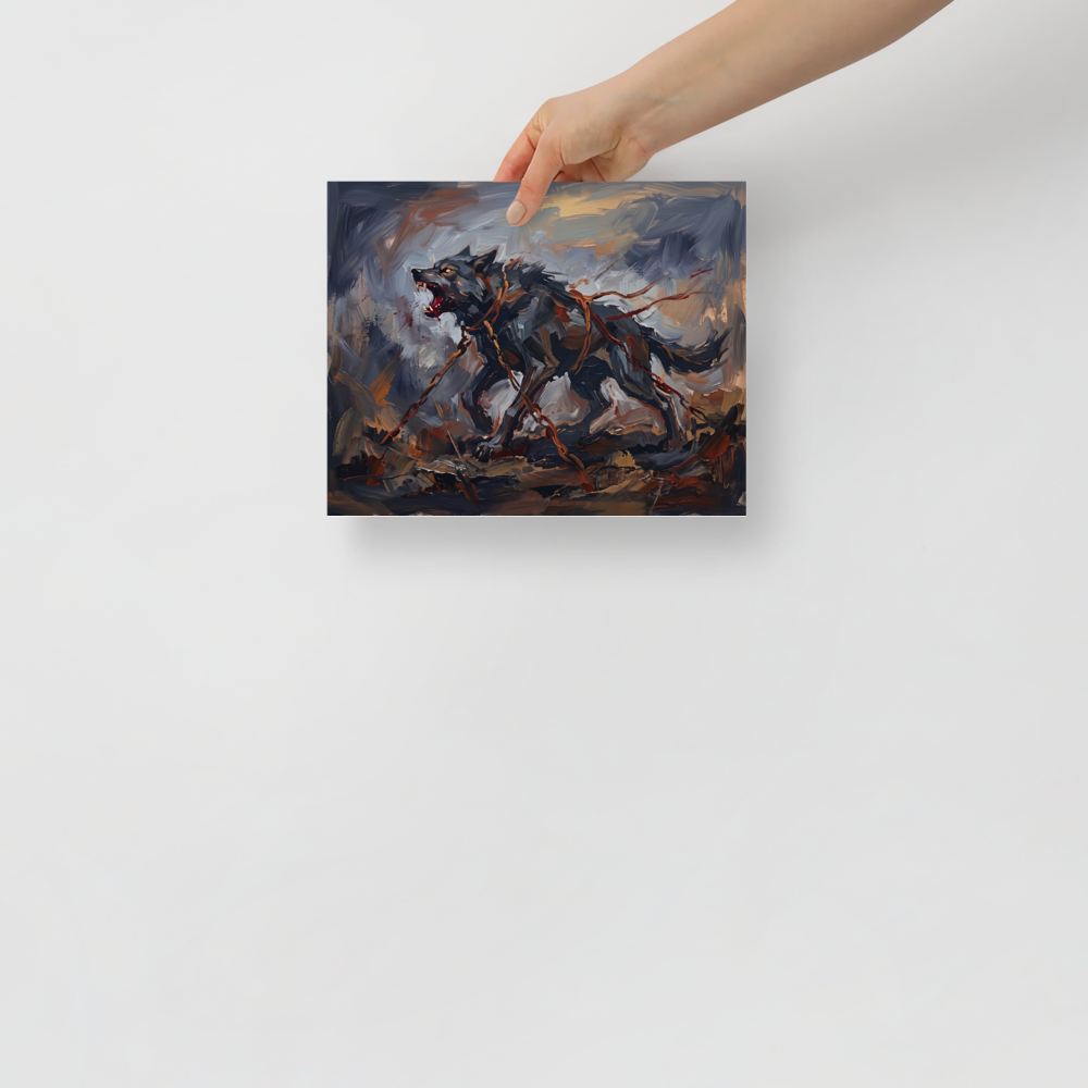 'The Bound Wolf' by Meron. An aggressive oil painting of a snarling wolf bound by chains in dark greys and reds, ideal for a bold Man Cave. A Expressionism wall art print.