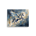 An expressive impasto painting of Pegasus soaring through blue and gold storm clouds in a living room. 'Flight of Pegasus', a Expressionism print for the wall.