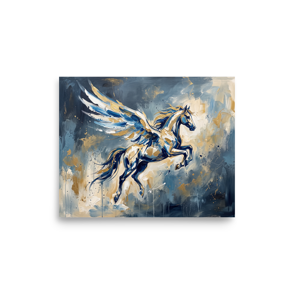 An expressive impasto painting of Pegasus soaring through blue and gold storm clouds in a living room. 'Flight of Pegasus', a Expressionism print for the wall.