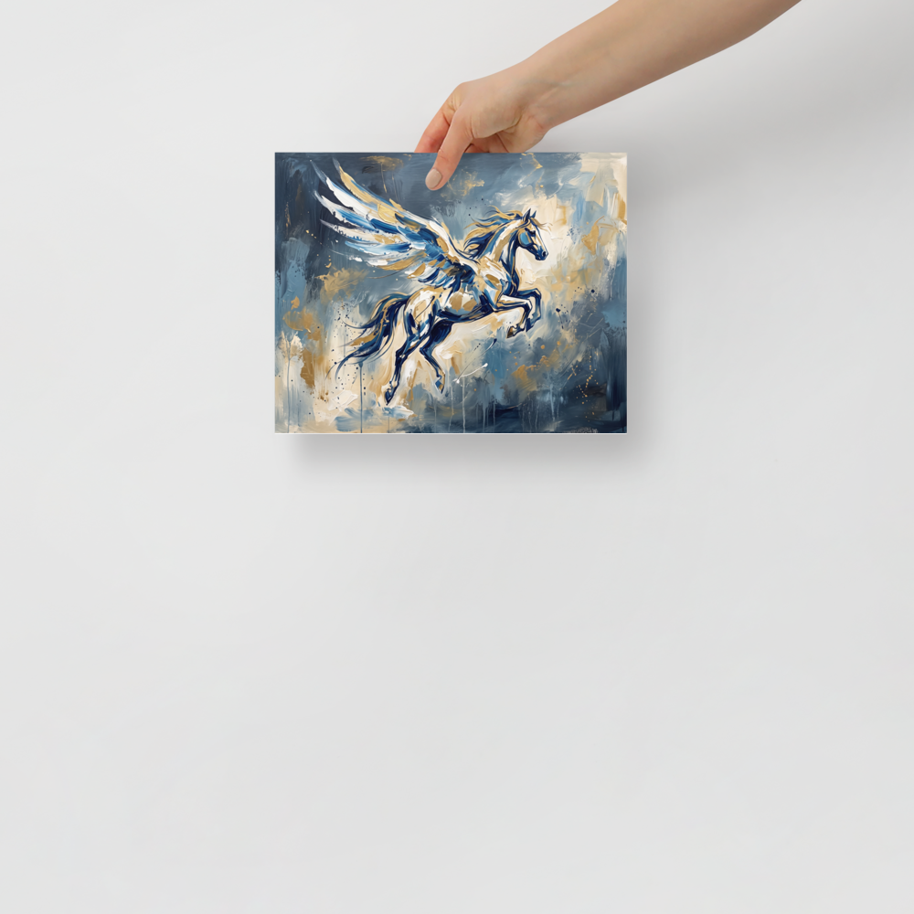 Expressionism wall art for the living room, 'Flight of Pegasus'. An expressive impasto painting of Pegasus soaring through blue and gold storm clouds in a living room.
