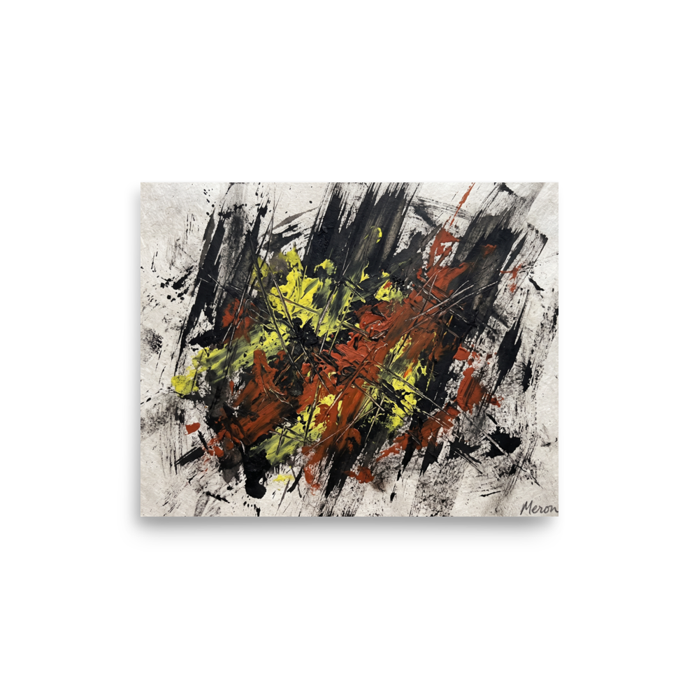 A chaotic Abstract art print, 'Fractured Ignition'. A dramatic abstract action painting with aggressive black, sienna, and yellow palette knife strokes, made for a modern office.