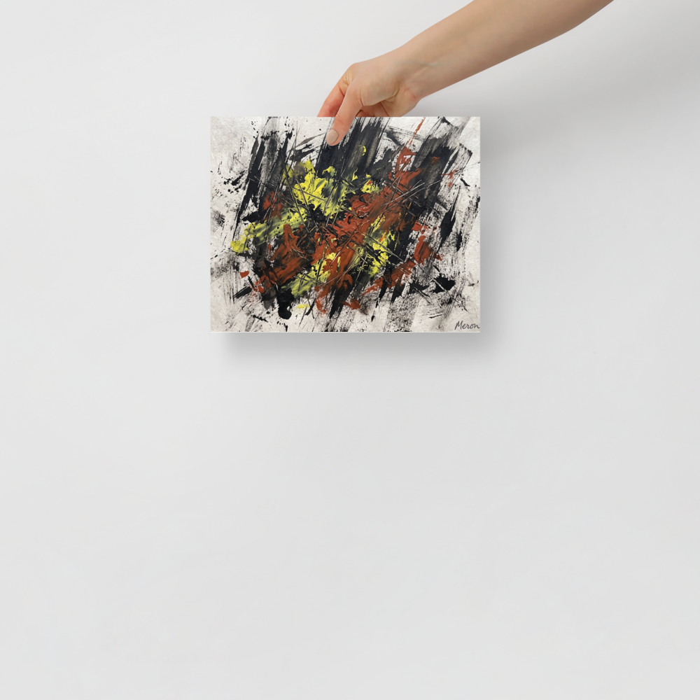 'Fractured Ignition', part of Meron's Abstract art wall art. A dramatic abstract action painting with aggressive black, sienna, and yellow palette knife strokes, made for a modern office.