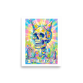 'Best Day Ever', Transgressive art wall art in yellow and hot pink. A vibrant impasto painting of a colorful skull with two party hats surrounded by confetti and tombstones above a banner reading Best Day Ever, ideal for a lively living room or game room.