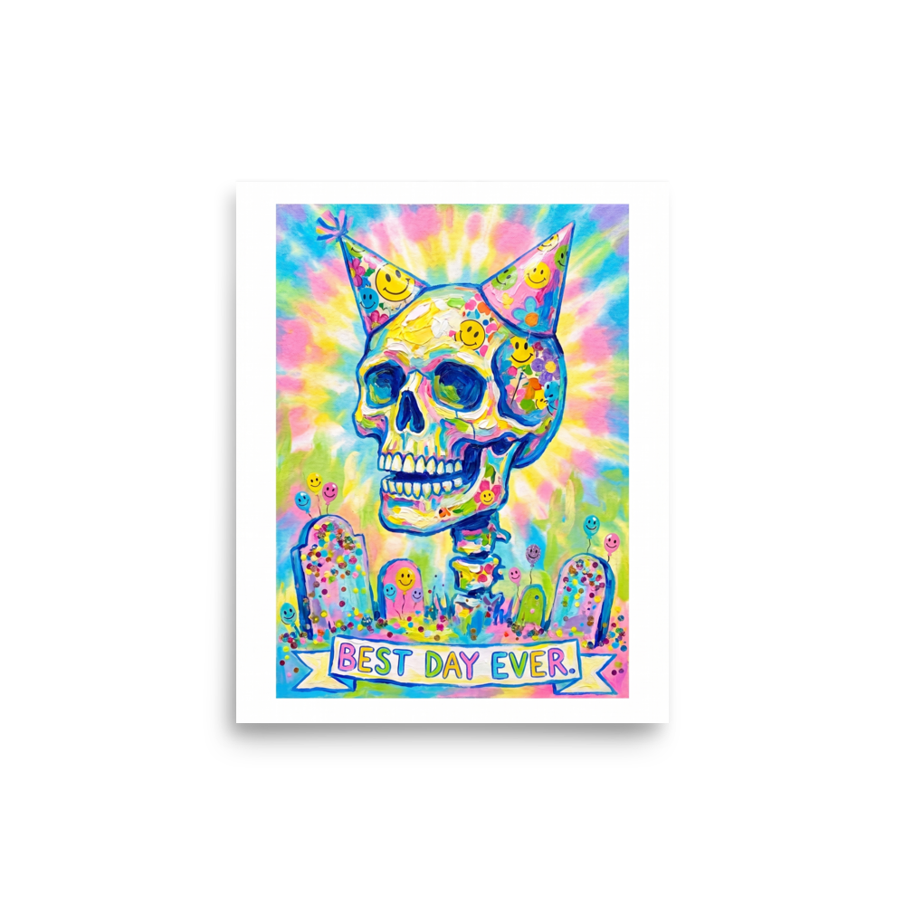 'Best Day Ever', Transgressive art wall art in yellow and hot pink. A vibrant impasto painting of a colorful skull with two party hats surrounded by confetti and tombstones above a banner reading Best Day Ever, ideal for a lively living room or game room.